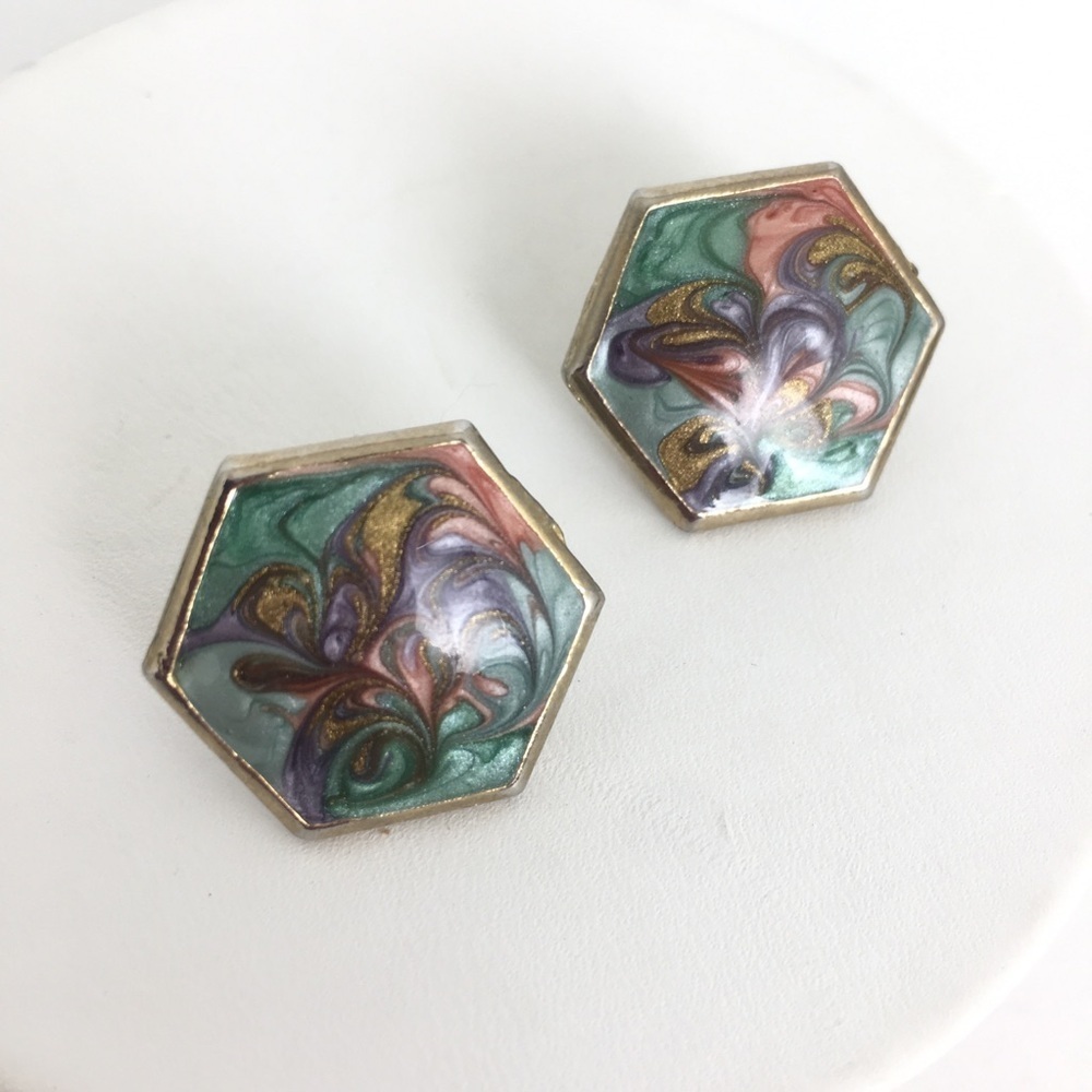Vintage Hexagon Enamel Marble Post Earrings Pink Green Blue Purple Pastel Retro - Picture 3 of 7